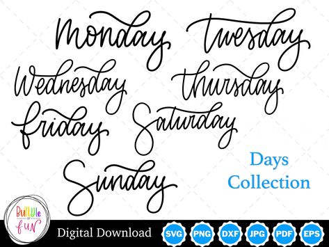 free fonts for cricut Days Of The Week Cursive, Days Of The Week Typography, Days Of The Week Hand Lettering, Days Of The Week Fonts, Cursive Days Of The Week, Days Of The Week Font, Wednesday Calligraphy, Monday Calligraphy, Full Alphabet Fonts