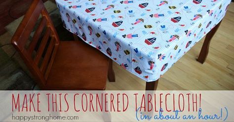 Tutorial: 1-hour fitted tablecloth Julie from Happy Strong Home shows how you can sew a fitted tablecloth for a square or rectangular table – in just 1 hour! The boxed corners fit around the edge of y Diy Tablecloth, Messy Crafts, Fitted Tablecloths, Free Sewing Patterns, Card Table, Sewing Tutorials Free, Plastic Tablecloth, Easy Craft Projects, Diy Sewing Pattern