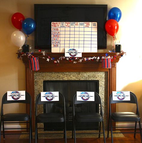 "Minute To Win It" Party Decor - The gameshow room - Red, White, Blue Theme. Gameshow Party, Backyard Olympics, Minute To Win It Party, Game Night Decorations, It Birthday Party, Building Games For Kids, It Party, Trendy Games, Minute To Win