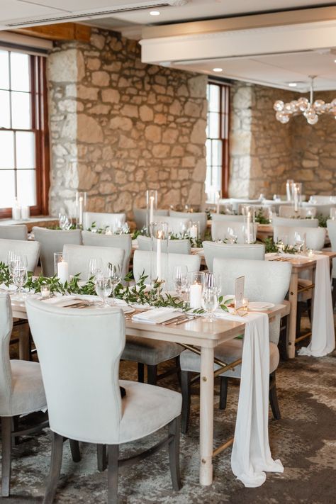 the softness of the table runner adds so much to the guest tables. loose ruscus and candles add to the glow. @cambridge_mill @pearleweddings Cambridge Mill, Romantic Spring Wedding, Romantic Candle, Niagara Wedding, Mill Wedding, Candle Wedding Centerpieces, Romantic Candlelight, Champagne Tower, Reception Tables