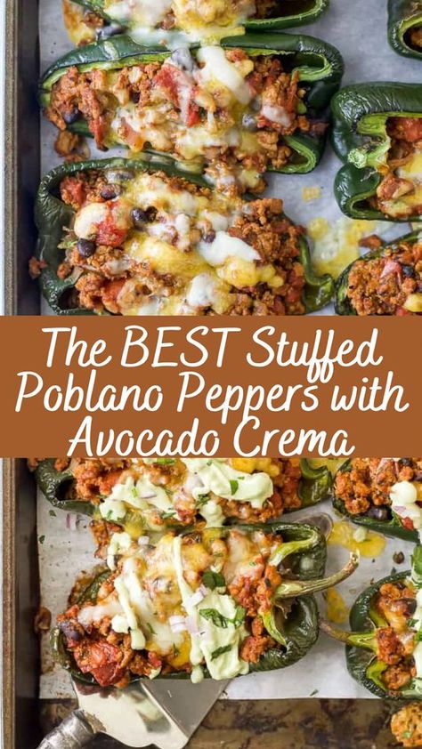 The BEST Stuffed Poblano Peppers with Avocado Crema Recipe | Cheff Recipes Quinoa Stuffed Poblano Peppers, Spiced Turkey And Dubliner Stuffed Poblano Peppers, Black Bean Stuffed Poblano Peppers, Poblano Pepper Side Dish, Pork Stuffed Poblano Peppers, Stuffed Poblano Peppers Keto, Stuffed Poblanos With Beef, Southwest Stuffed Poblano Peppers, Chicken Stuffed Avocado Recipes