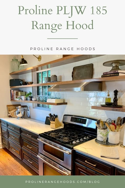 Free Standing Range Hood Ideas, Range Hood Without Upper Cabinets, Kitchen Open Shelving Range Hood, Vintage Kitchen Range Hood, Range Hood With Shelving, Kitchen No Range Hood, Range Hood With Shelf Above, Range Without Hood, Kitchen Hood And Shelves