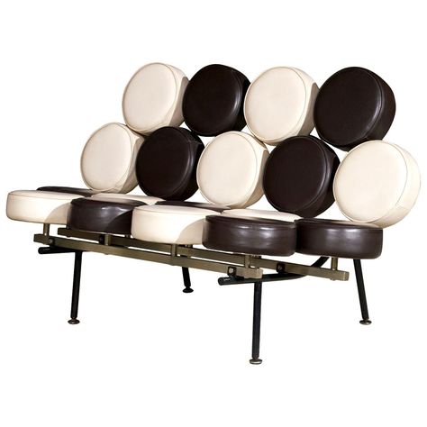 George Nelson "Marshmallow Sofa"  US  Circa 1970  A distinctive George Nelson "Marshmallow-motif" settee/sofa in dark brown and cream colored leather on a structured base of stainless steel and black lacquer.  Circa 1970 George Nelson Marshmallow Sofa, Marshmallow Sofa, Herman Miller Furniture, Weird Furniture, Furniture Sketch, Mid Century Furnishings, Mid Century Modern Interiors, George Nelson, Decor Guide