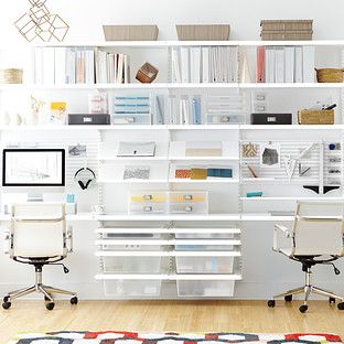 White Elfa Décor Office Closet Office Organization, Office Wall Organization, Elfa Shelving, Multifunctional Room, Office Shelving, Zoom Background, Closet Office, Regal Design, Craft Room Office