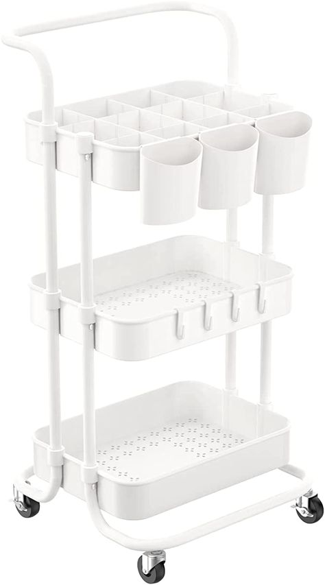 AmazonSmile: ALVOROG 3-Tier Rolling Utility Cart Movable Storage Organizer Shelves with Wheels and Hanging Cups Multifunctional Service Cart for Kitchen, Office, Coffee Bar-White : Office Products Metal Utility Cart, Hanging Cups, Designing Art, Movable Storage, Organization Cart, Rolling Utility Cart, Organised Home, Art Supplies Storage, Cart With Wheels