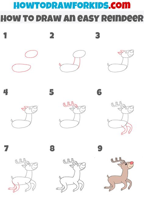 how to draw an easy reindeer step by step Easy Draw Reindeer, Flying Reindeer Drawing, Reindeer Doodle Easy, Christmas Robin Drawing, Rudolf Crafts For Kids, How To Draw A Reindeer For Kids, Raindeer Drawing Cartoon, How To Draw A Reindeer, How To Draw Christmas Stuff Step By Step