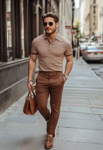 ↑↑↑ Larger size on website 🔸 A man in a brown striped polo shirt and brown pants walks down a city street. He is wearing brown le Male Casual Outfits Classy, Brown Pants Outfit Men Casual, Polo Outfit Ideas, Slacks Outfit, Brown Pants Outfit, Black Collared Shirt, Confident Man, Dress Pants Outfits, Polo Shirt Outfits