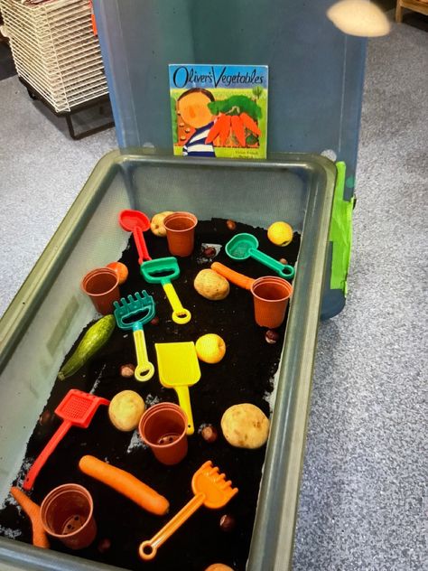 Oliver’s Vegetables Activities, Oliver’s Vegetables Eyfs, Olivers Vegetables Eyfs, Healthy Eating Eyfs, Vegetables Eyfs, Olivers Vegetables, Healthy Food Activities, Sensory Tray, Reception Class