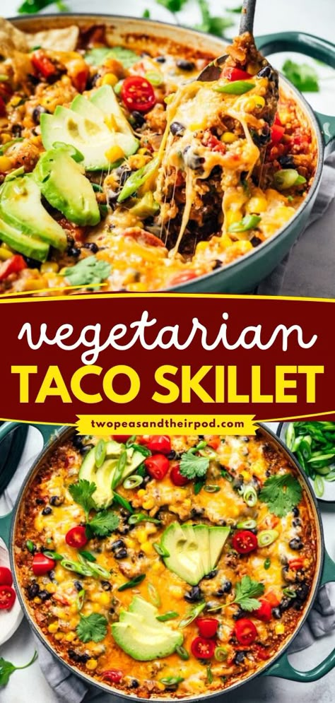 Looking for more vegetarian food ideas for dinner? Try this Vegetarian Taco Skillet! It's made with beans, quinoa, vegetables, cheese, and your favorite Mexican flavors. Pin this delicious vegetarian dinner recipe! Weeknight Meals Vegetarian, Vegetable Based Dinner Recipes, Skinnytaste Vegetarian Recipes, Flavorful Vegan Meals, Simple Meatless Dinners, Meaty Vegetarian Recipes, Favorite Vegetarian Recipes, Vegetarian Taco Skillet, Easy Vegetarian Mexican Casserole