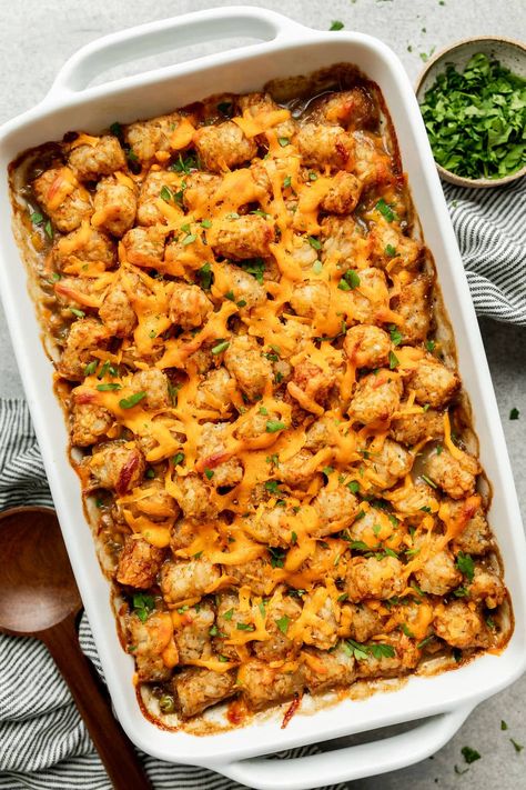 This Healthy Tater Tot Casserole is an upgraded comfort food recipe made with simple, real-food ingredients to keep the whole family nourished and satisfied. We’ve incorporated canned lentils and frozen veggies for more nutrition in the most convenient ways. Healthy Tater Tot Casserole, Casserole With Beef, Healthy Tater Tots, Lentil Casserole, Pan Dishes, Tater Tot Breakfast Casserole, Real Food Dietitians, Tater Tot Casserole Recipes, Canned Lentils