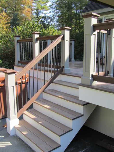 Small Side Deck Ideas, Timber Tech Deck Railings, Tan House Deck Color Ideas, Beach House Deck Ideas, White House Deck Color, Deck Stair Railing Ideas, Deck Colors Ideas Paint, Composite Deck Stairs, Trex Deck Ideas