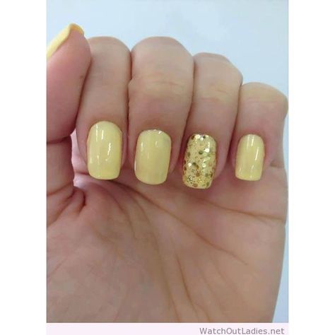 Light yellow nail polish and glitter ❤ liked on Polyvore featuring beauty products, nail care and nail polish Yellow French, Yellow Nail Art, Yellow Nails Design, Yellow Nail, Sparkle Nails, Short Nail Designs, Yellow Nails, Gel Nail Designs, Cool Nail Designs