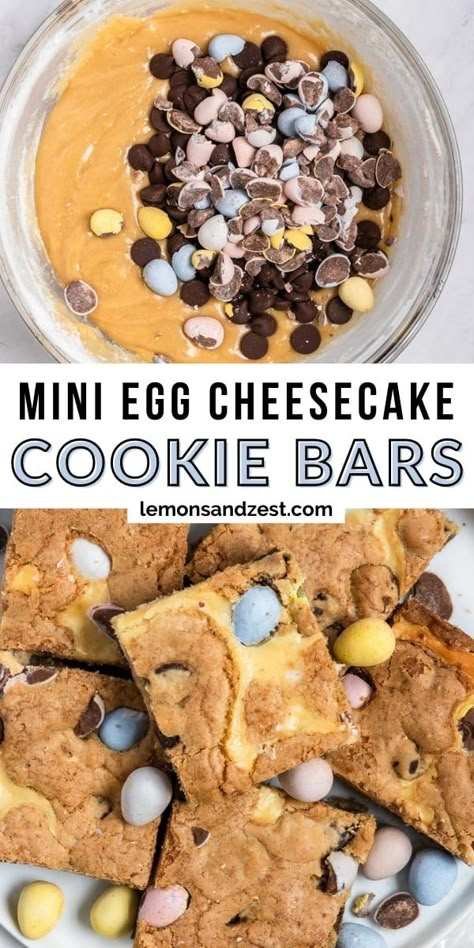 Mini Egg Cheesecake, Cheesecake Cookie Bars, Mini Eggs Cookies, Cheesecake Cookie, Cheesecake Layer, No Egg Desserts, No Egg Cookies, Mini Egg, Filled Cookies