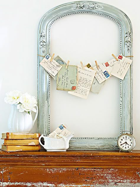 Add a layer of charm by organizing small papers and trinkets inside pretty dishware. Summer Mantel, Vintage Vignettes, Empty Frames, Estilo Shabby Chic, Old Letters, Flea Market Style, Old Frames, Flea Market Finds, Deco Floral