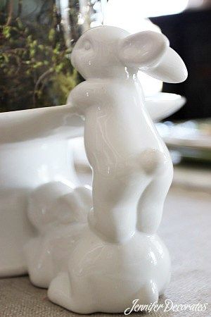 Easter Table Decorating Ideas Jennifer Decorates, Apartment Decoration Ideas, Table Decorating Ideas, Bunny Dishes, Art Deco Statue, Table Decorating, Apartment Decoration, Animal Planters, Rabbit Decor