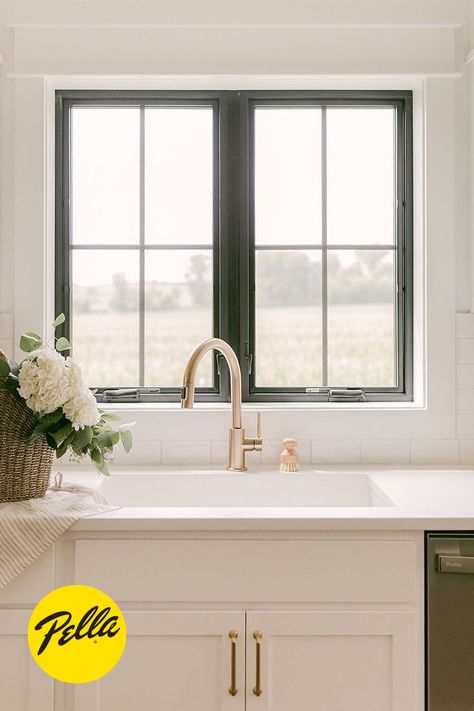 Contrasting black windows look like a work of art with this modern farmhouse kitchen. What do you think of their streamlined design? Photo: Black Birch Homes Casement Windows Kitchen, Kitchen Windows Above Sink Ideas, Window Above Kitchen Sink, Casement Windows Exterior, Window Above Sink, Kitchen Window Decor, Backsplash Kitchen White Cabinets, Window Over Sink, Kitchen Sink Window