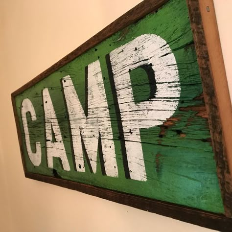 Camp Signs Wooden, Camping Decor Outdoor, Camp Signage, Sign Lettering Fonts, Camp Signs, Vintage Shop Display, Camp Birthday, Vintage Wood Signs, Bank Barn