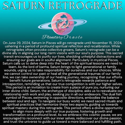 🌟 **June 29, 2024: Saturn in Pisces goes retrograde until November 15, 2024** 🌟 ✨ This period invites profound spiritual reflection and recalibration. While retrogrades often provoke collective groans, Saturn’s retrograde can align our long-term visions with our soul’s purpose. 🌕 ✨ In mystical Pisces, Saturn encourages us to delve deep into spiritual lessons. As the lord of karma, Saturn highlights generational or family wounds, urging us to take responsibility for our healing journey. 🌑 ✨... Planets In Retrograde Meaning, Saturn Retrograde 2024, Family Wounds, Retrograde Meaning, Saturn In Pisces, Saturn Retrograde, Spiritual Lessons, Spiritual Reflection, Saturn Return