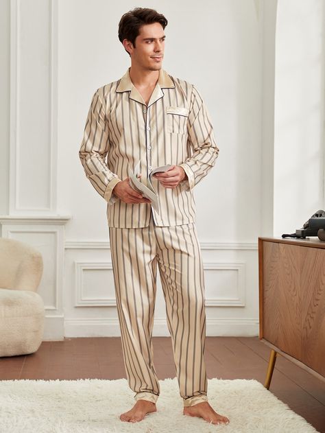 Mens Night Suit, Pajamas Men, Men's Sleepwear, Pajamas Aesthetic, Striped Pajama, Men Loungewear, Pyjama Party, 70s Men, Pajama Outfit