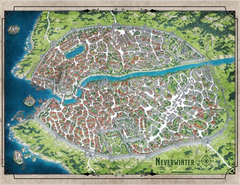 A Dungeon Master’s Guide to Neverwinter – Inchoate Thoughts Neverwinter Map, Castlevania Netflix, Fantasy City Map, Monster Artwork, Fantasy Town, Fantasy World Map, Dungeon Master's Guide, Forgotten Realms, Town Map