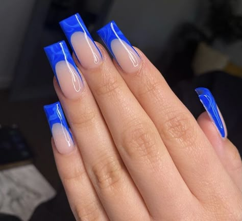 Simple Acrylic Nails French Tip Color, Glam Birthday Nails Blue, Blue Marble Nails Acrylic, Blue Marble French Tip Nails, Blue French Acrylic Nails, Blue Glitter French Tip Nails, Royal Blue French Tips, Marble Blue Nails, Royal Blue French Tip Nails