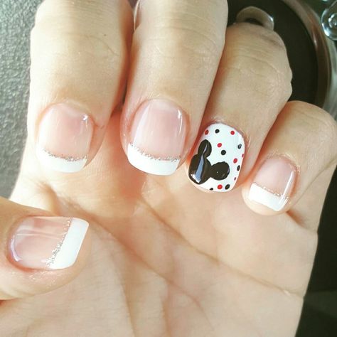 Disney Gel Nail Designs Simple, Mickey Mouse Pedicure, Disney French Manicure, Disney French Nails, Disney Nails French Tip, Pedicure Ideas French, Disney French Tip Nails, Disney Nails Gel, Disney Pedicure Ideas