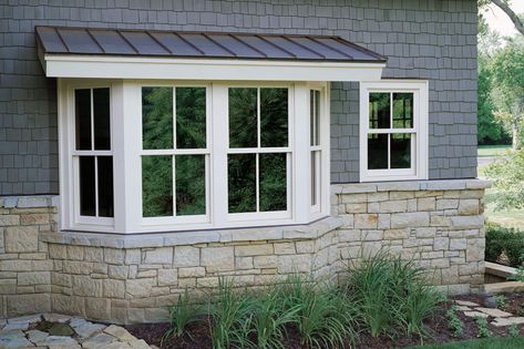 Bay Windows Ideas, Bay Window Exterior, Bay Window Decor, Bay Bow Windows, Interior Window Trim, Window Shutters Exterior, Marvin Windows, Bow Window, Bay Windows