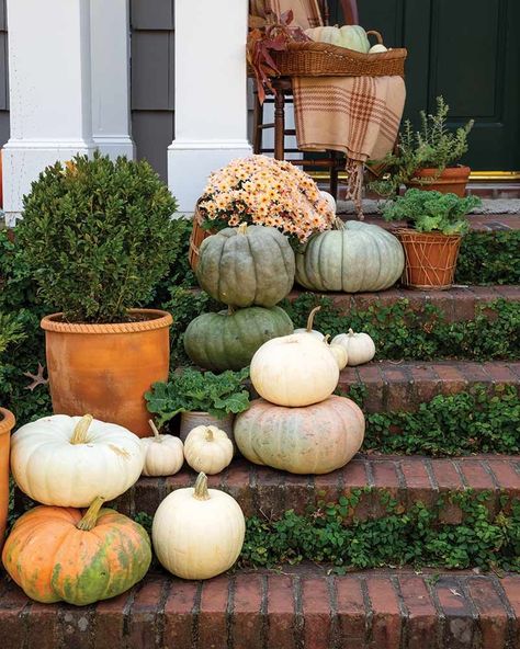 8 Enchanting Fall Front Porch Displays - Cottage Journal Porch Pumpkins Display, Front Porch Pumpkins Display, Front Porch Pumpkins, Cottage Journal, Muted Orange, Coastal Country, Porch Pumpkins, Pumpkin Display, Fall Months