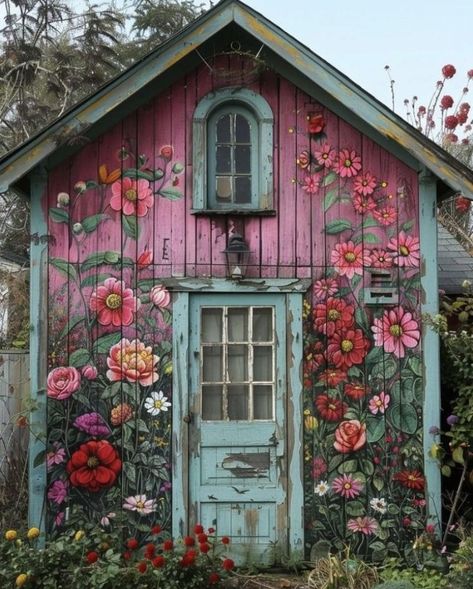 Painted Garden Sheds, Painted Shed, Garden Fence Art, Garden Mural, Backyard Sheds, Garden Sheds, Garden Yard Ideas, Garden Structures, Garden Cottage