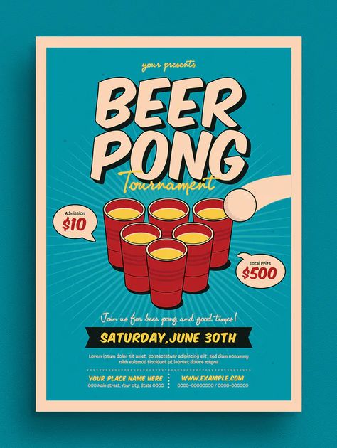 Beer Pong Tournament Flyer Template AI, PSD #flyer #flyerdesign #partyflyer #a4flyer #flyertemplate Beer Pong Poster, Beer Flyer, Beer Pong Party, Pong Tournament, Beer Pong Tournament, Bar Flyer, Beer Games, Gift Voucher Design, Voucher Design