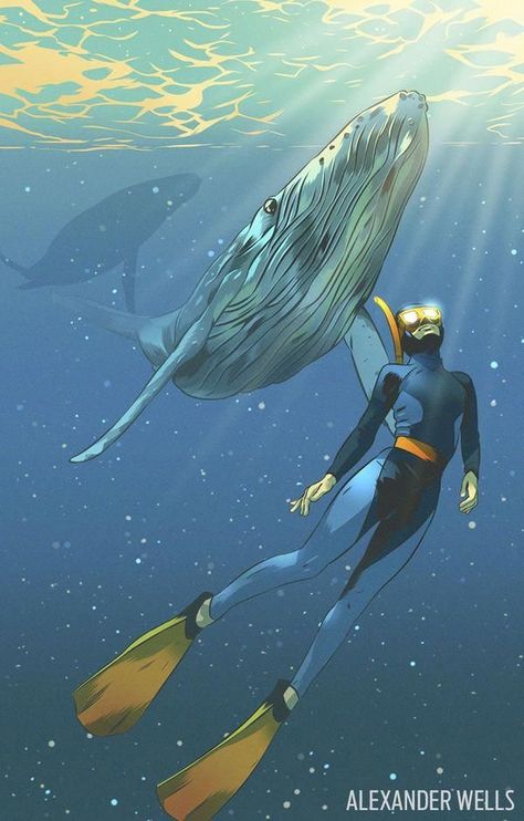 Diver Art, Octopus Illustration, Simpsons Drawings, Sea Illustration, Underwater Painting, Shark Art, Whale Art, Free Diving, Underwater Creatures