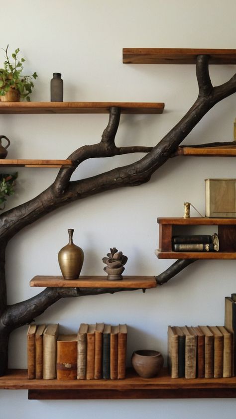 Upgrade your bedroom with DIY tree branch shelves for a grunge-inspired corner Learn how to create floating wall shelves with tree branch brackets in this easy tutorial Add a touch of nature with plant wall shelves Perfect for creating a unique and rustic look in your room Tree In Room Diy, Tree Branch Bookshelf, Diy Indoor Tree, Tree Bookshelf Diy, Diy Tree Bookshelf, Plant Wall Shelves, Branch Shelves, Diy Tree Branch, Tree Shelves