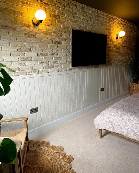 What a beautiful space! The colour of the panelling and lights work magnificently with the cream tones of blend 10 and cream mortar- well done @andrealstod ! . #brickslips #interiors #interiordesign Half Brick Wall Interior, Half Brick Wall, Brick Wall Dining Room, Brick Slips Kitchen, Brick Slip, Brick Bathroom, Stair Paneling, Brick Living Room, Brick Slips