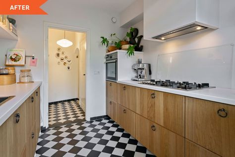 After: kitchen with checkered floors and white counters with wooden cabinets Ikea Enhet, Checkerboard Floors, White Ikea Kitchen, No Upper Cabinets, Checkerboard Floor, Scandi Boho, Living/dining Room, Upper Cabinets, Old Kitchen