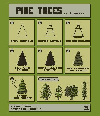 Pine Tree Tutorial, Pixel Art Study, Drawing Pixel Art, Trees Tutorial, Pine Tree Drawing, The Colour Green, Tree Tutorial, Drawing Application, Pixel Art Tutorial