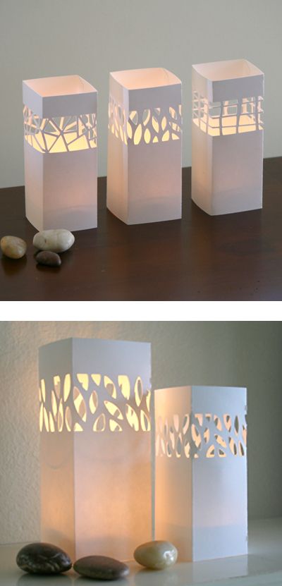 Cut paper lamps - use battery operated lights though. or cover a jam jar ....or the little solar ones you get for the garden Paper Lamps, Hadiah Diy, Diy Lampe, Jam Jar, Cut Paper, Kirigami, Paper Sculpture, Paper Lanterns, Paper Projects