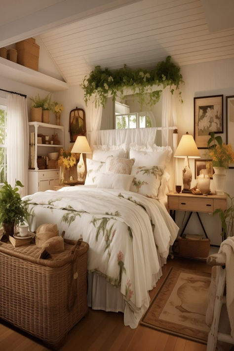 A charming bedroom brimming with cottage appeal, featuring soft textures and floral accents. Cottage House Bedroom Ideas, Cozy White Cottage Bedroom, Cottage Bedrooms Ideas Country, Comfy Cottage Bedroom, Spring Cottage Interior, Cozy Home Interior Bedroom, Soft Room Decor Ideas, Cottage Core Small House, Garden Style Bedroom