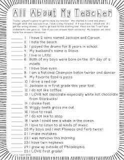 Get to know the teacher I LOVE doing this activity with my students during the first day/week of school. It's like the game of "red light/green light" with a little twist of what kids THINK they know about you. You will list out some true and false facts about yourself. Kids will line up at the back of a room/playground etc. If they think it is true they'll step forward. If they think it's false they stay put. If they get it wrong---they go back to the beginning line! First one to you is the... Get To Know The Teacher, All About My Teacher, About My Teacher, Ks2 Classroom, September Ideas, First Day Activities, Responsive Classroom, Teacher Activities, First Day Of School Activities