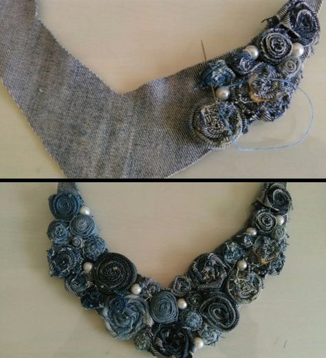 Upcycling Clothing, Fabric Flower Necklace, Denim Earrings, Denim Crafts Diy, Fiber Art Jewelry, Blue Jeans Crafts, Fabric Flower Brooch, Denim And Diamonds, Denim Jewelry