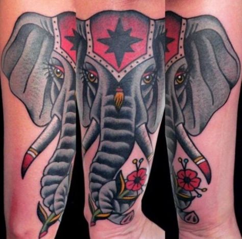 Old School Elephant Tattoo, Traditional Tattoo Elephant, Circus Tattoos, Awesome Tattoo Designs, Elephant Head Tattoo, Tattoo Elephant, Old School Traditional, Lion Art Tattoo, Traditional Tattoo Inspiration