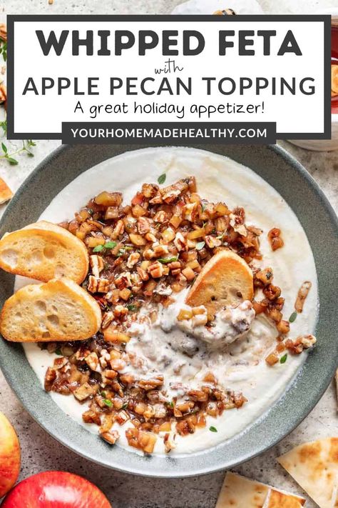 Make this Whipped Feta with Apple Pecan Topping as an appetizer at your next gathering! It's perfect for holiday celebrations, potlucks, or last minute get-togethers because it only takes 30 minutes from start to finish. Pecan Topping, Healthy Appetizer, Bite Size Food, Healthy Appetizer Recipes, Whipped Feta, Homemade Salads, Homemade Salad Dressing, Holiday Appetizers, Vegetarian Options