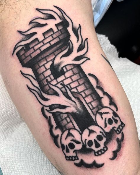 Chris Soupourmas on Instagram: “Burn it down 🌋🌋 @theokeydoke” Tower Tattoo, Scotland Tattoo, Jordan Tattoo, Traditional Tattoo Stencils, Castle Tattoo, Special Tattoos, Burn It Down, Spooky Tattoos, Pin Up Tattoos