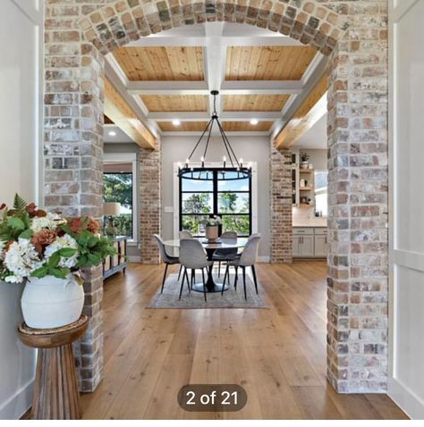 Arched Brick Wall, Brick Wall Foyer, Brick Archway In Living Room, Stone Columns Interior, Brick Columns Interior, Exposed Brick Walls Kitchen, Brick Beam, Exposed Brick Interior, Archways In Homes