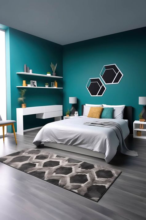 Geometric Teal Bedroom Teal Bedroom Designs, Teal And Gray Bedroom, Teal Bedroom Decor, Room Color Combination, Cutlery Art, Bedroom Color Combination, Teal Bedroom, Bedroom Wall Designs, Luxury Bedroom Design