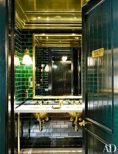 Ralph Lauren Bathroom, Polo Bar, Restaurant Bathroom, Dark Bathrooms, Corner Tub, Cabinetry Design, Gold Bathroom, Green Tile, Stylish Bathroom