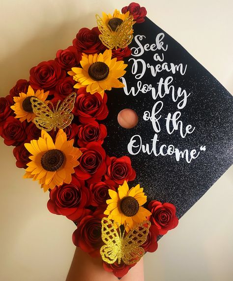 Excited to share this item from my #etsy shop: Graduation cap topper with 3D Roses, sunflowers and butterflies | Graduation cap custom | graduation cap design | grad caps Great Big Beautiful Tomorrow, Flower Graduation Cap, Custom Graduation Caps, College Graduation Cap Decoration, Grad Cap Designs, Diy Graduation Cap, Grad Caps, Graduation Cap Toppers, Graduation Cap Designs