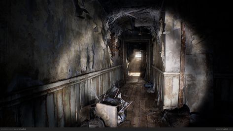 ArtStation - Condemned Hallway Resident Evil Environment, Ripped Wallpaper, Style Hallway, Peeling Wallpaper, Ian Smith, Environment Reference, Small Tools, Game Environment, Scene Image