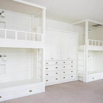 Long Loft Bed Over Two Beds - Cottage - Girl's Room Black And Grey Bedding, Bed Sconces, Built In Bunk Beds, Grey Bedroom Furniture Sets, Beadboard Trim, Shiplap Trim, Black Bunk Beds, Gold Wardrobe, Modern Bunk