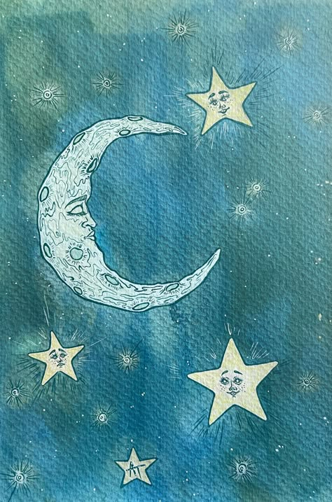 This lovely 6 x 9" mixed media painting depicts a sleeping crescent moon and her star companions. The Moon Artwork, River Rocks Painting, Celestial Acrylic Painting, Painting Ideas On Canvas Stars, Stars Painting Easy, Painting Ideas On Canvas Moon, Mixed Media Painting Ideas, Star Art Aesthetic, Moon Painting Aesthetic