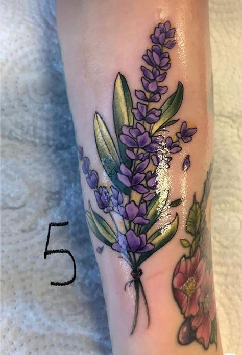 Wisteria Tattoo, A Tattoos, Cottagecore Tattoo, Purple Flower Tattoos, Larkspur Tattoo, Lilac Tattoo, Purple Tattoos, Traditional Tattoo Flowers, Lavender Tattoo